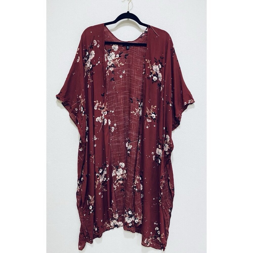 Torrid Top Womens 1X 2X Maroon Floral Kimono Lightweight Boho Hippie Festival